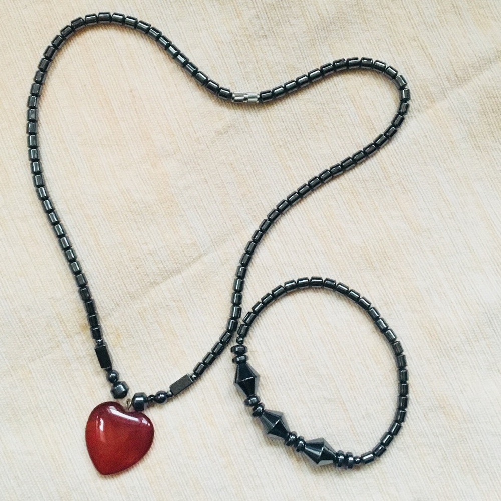 Gunmetal Grey Necklace with Heart Charm & Braclet